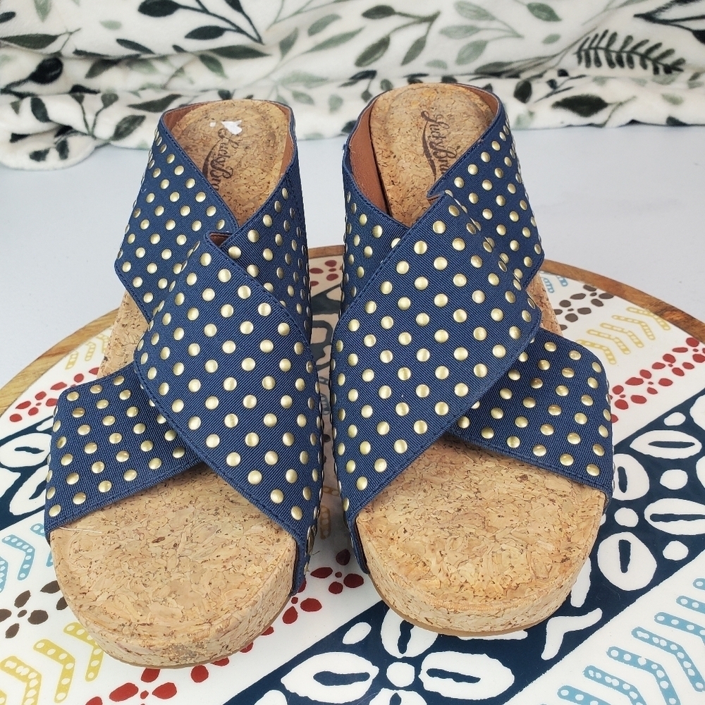 LUCKY BRAND Lk Miller 2 Cork Wedge Sandals in Navy and Gold Women's Size 8